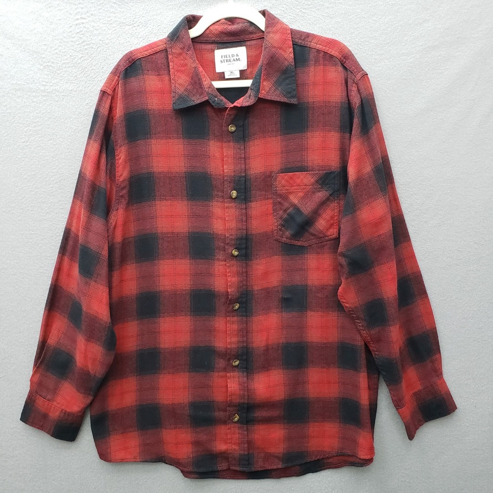 Field & Stream Flannel Shirt Red Black Gingham Plaid Fall Lumberjack Size XL